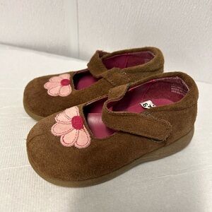 Brown Kids Leather Shoes with Pink Flower Design
